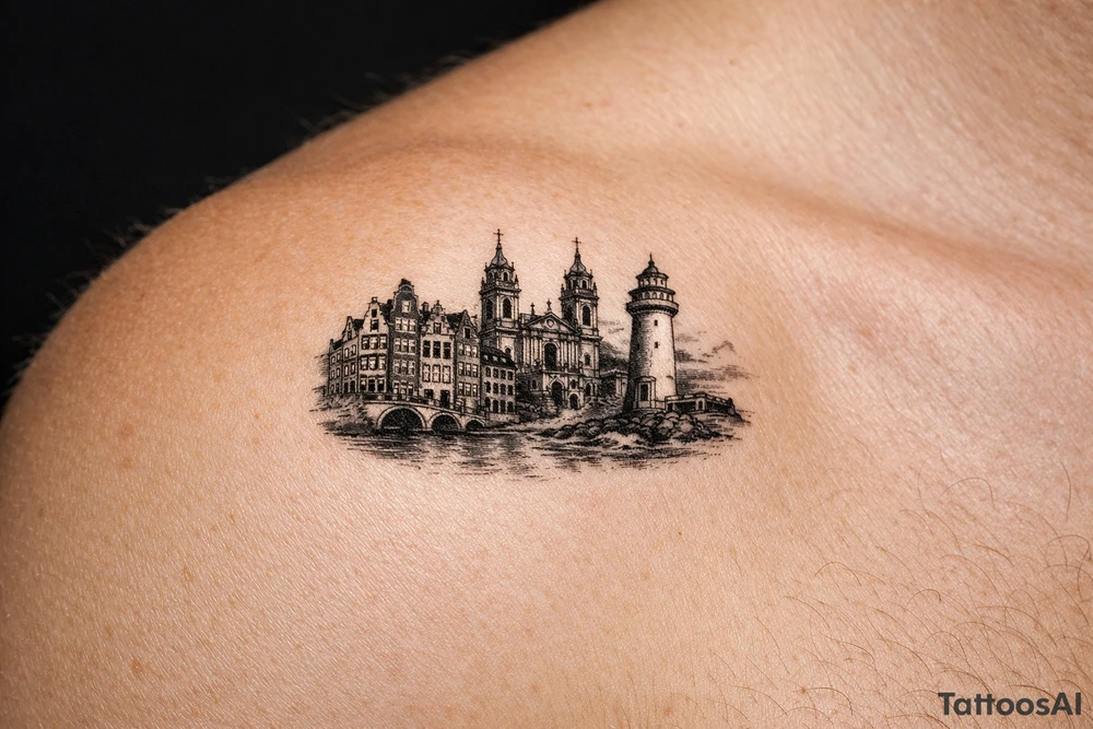 Cityscape silhouette of Amsterdam canal houses and Braga cathedral, with New Brighton lighthouse. tattoo idea