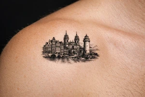 Cityscape silhouette of Amsterdam canal houses and Braga cathedral, with New Brighton lighthouse. tattoo idea