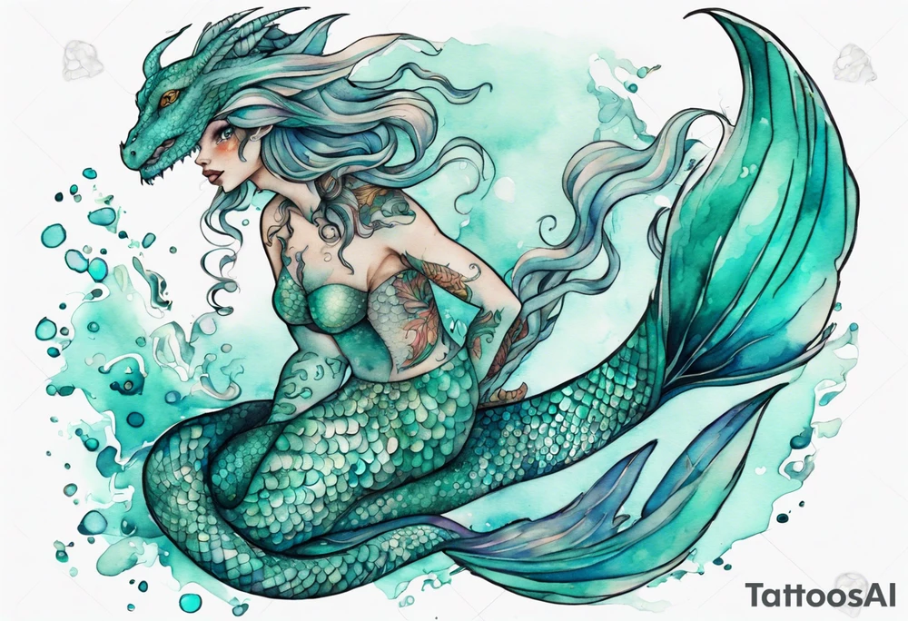 a mermaid dragon hybrid with turquoise scales by the ocean tattoo idea