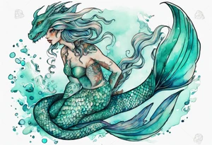 a mermaid dragon hybrid with turquoise scales by the ocean tattoo idea