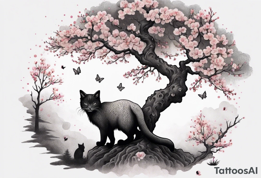 cherry blossom branch meeting with a dying pine tree with hidden cute demon cat tattoo idea