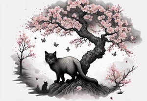 cherry blossom branch meeting with a dying pine tree with hidden cute demon cat tattoo idea