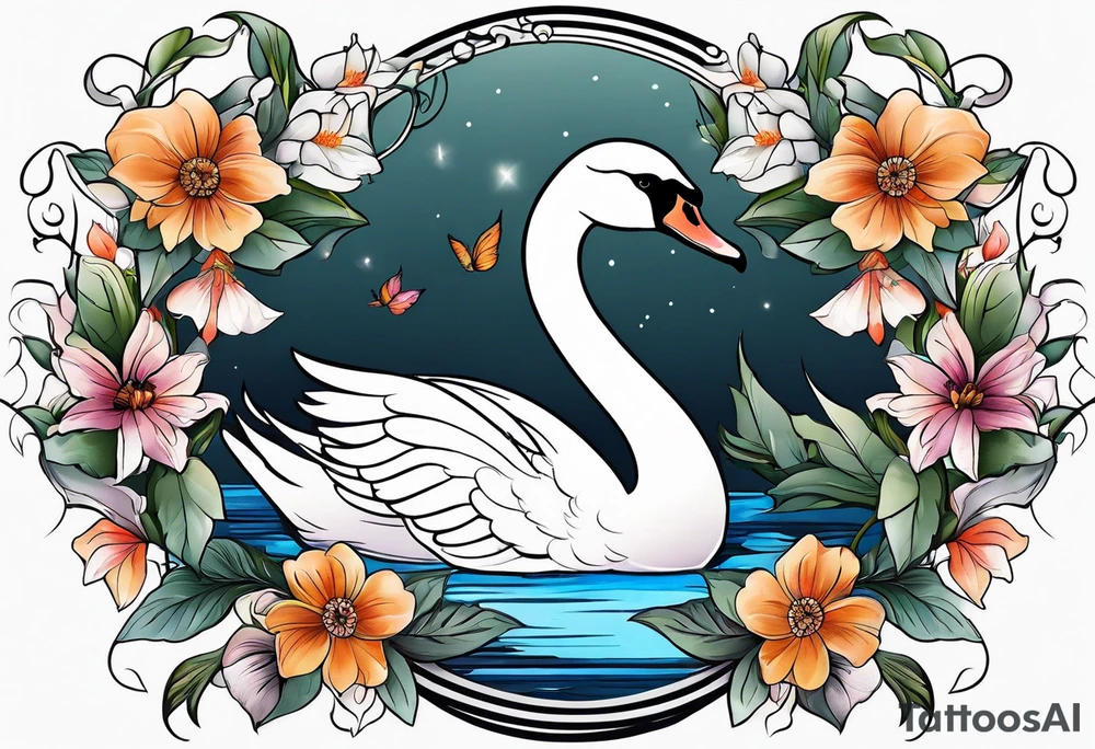 swan tattoo with botanical flowers tattoo idea