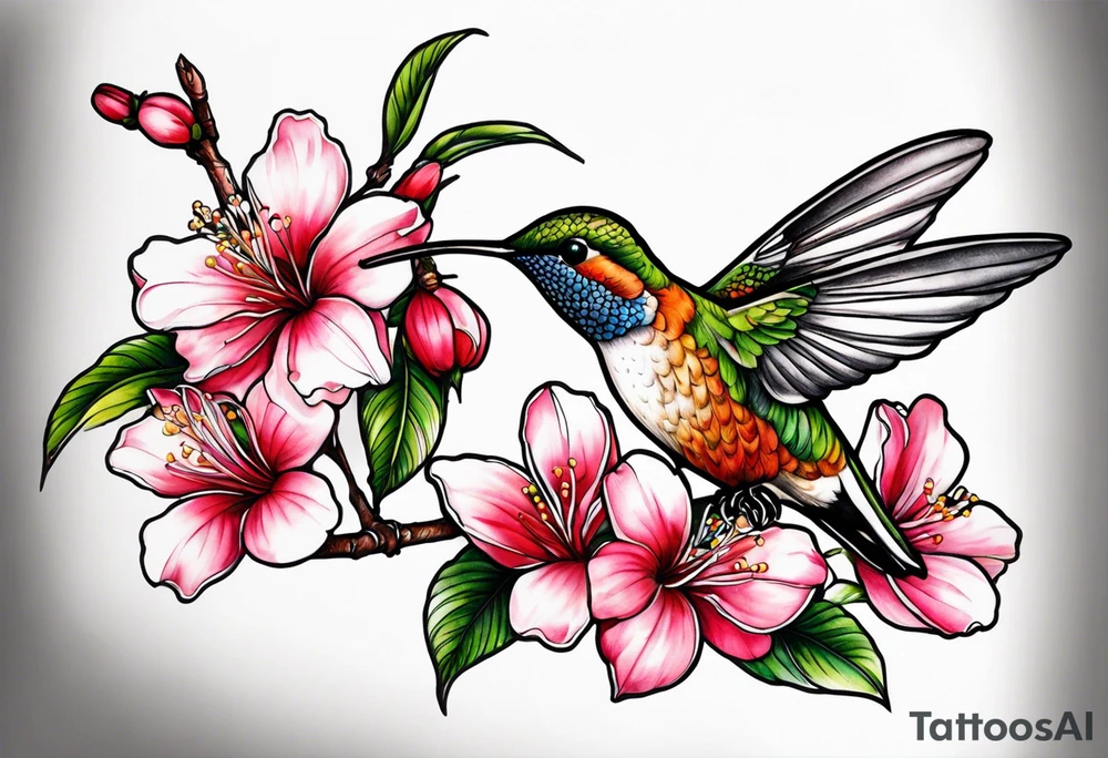 Propose moi un tatouage dans le dos les éléments sont : colibri carte de la Martinique fleur de prunus du Japon tattoo idea