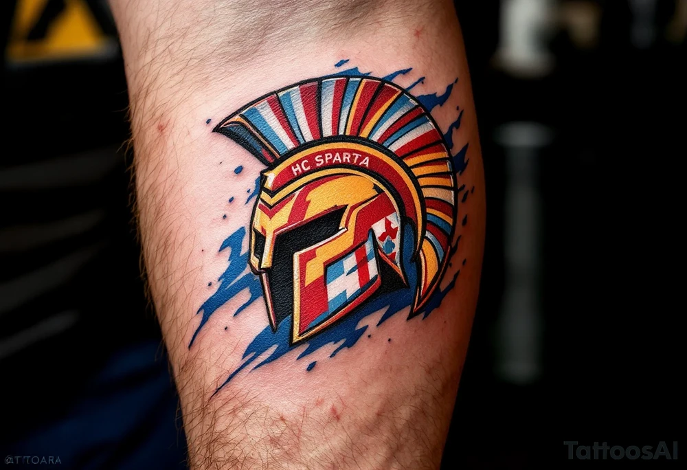 A bold red and yellow HC Sparta PRAHA logo blazing across a muscular forearm with icy blue shading. tattoo idea