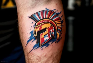 A bold red and yellow HC Sparta PRAHA logo blazing across a muscular forearm with icy blue shading. tattoo idea