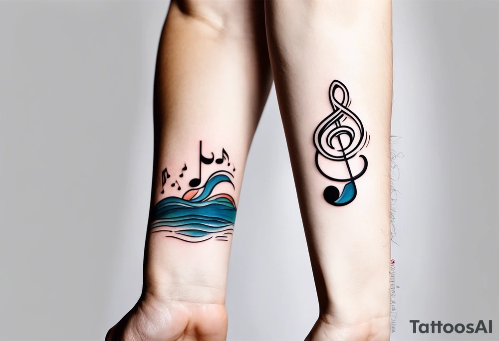simple icons down the back of the arm featuring four icons:

1. a music note on a staff
2. a wave of water
3. a pocket
4. mushroom tattoo idea