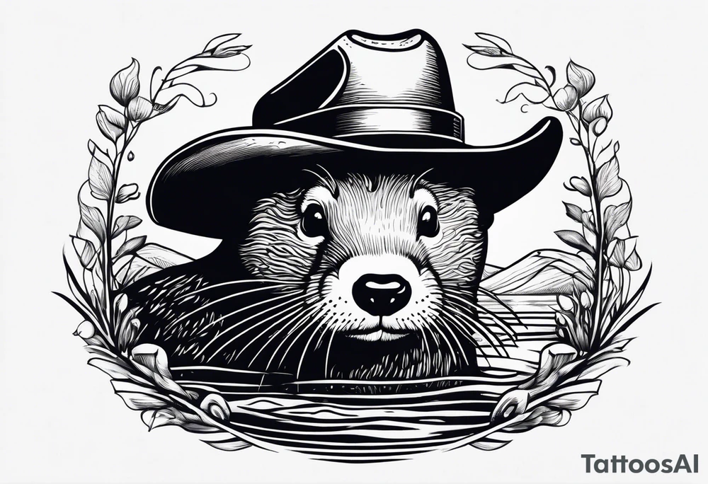 an otter floating on its back in a lake with a cowboy hat tattoo idea