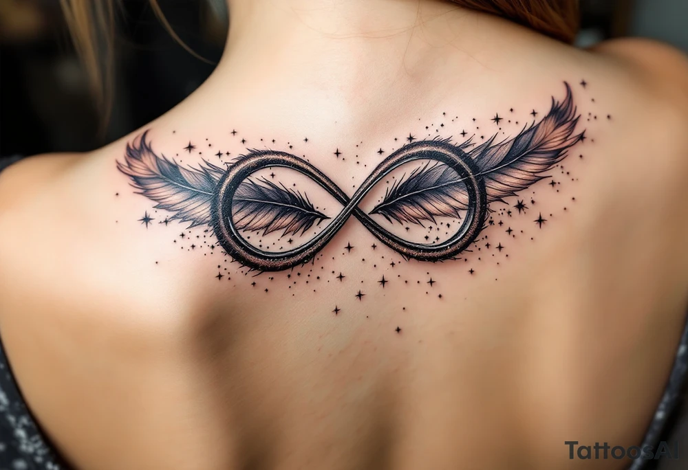 infinity symbol woven with floating feathers and stardust tattoo idea