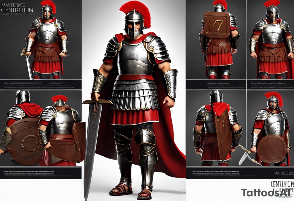 a high ranking roman centurion, soldier, AD 60, wearing armour which must include an armoured belt, breastplate, armoured shoes, shield, helmet and sword. the soldier is strong, tall, large, fit, muscular. the soldier is faceless. We can see the full body of the centurion, from his shoes to his helmet. The soldier is mid-battle, fending off flaming arrows with his shield, advancing towards the enemy, attacking the enemy. attacking pose. The image should be extremely detailed. Need to see the full soldier. tattoo idea