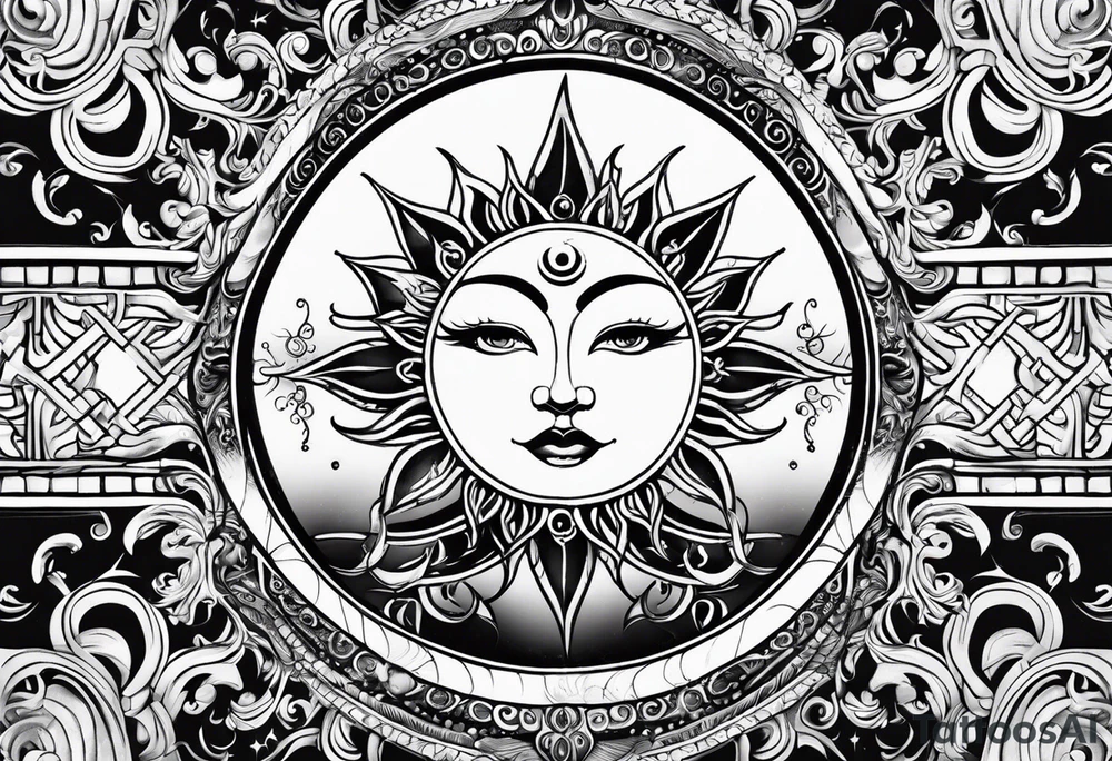 Sun and moon sternum swirls tattoo idea