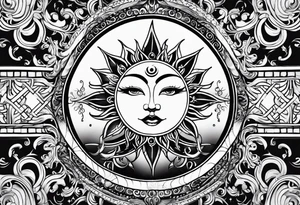 Sun and moon sternum swirls tattoo idea