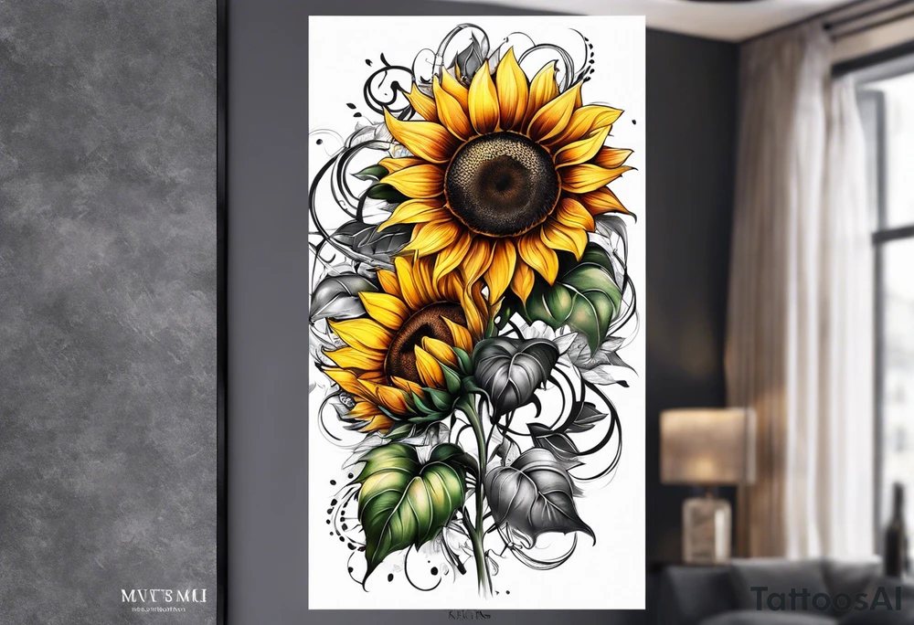 Arm sleeve Foral sunflower and roman numeral tattoo idea
