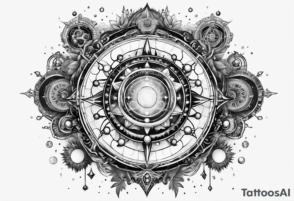 universe full of atoms and spiritual symbols tattoo idea