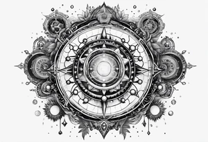 universe full of atoms and spiritual symbols tattoo idea