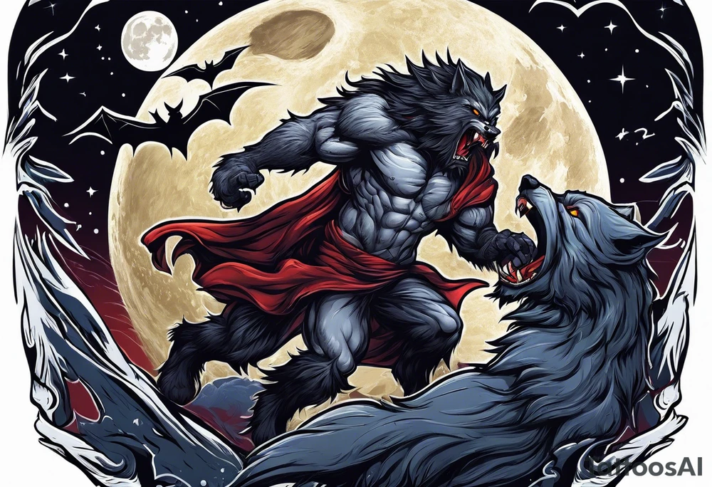 Muscular werewolf fighting a vampire under the moon tattoo idea
