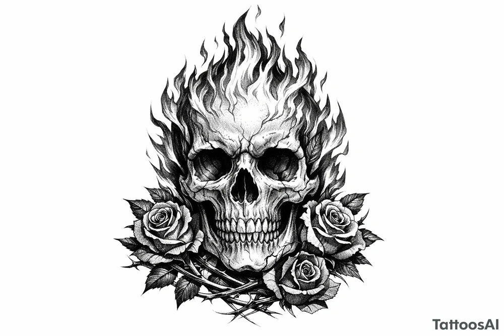 A realistic skull engulfed in vibrant, licking flames, with dark red roses twining around the base. tattoo idea