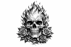 A realistic skull engulfed in vibrant, licking flames, with dark red roses twining around the base. tattoo idea