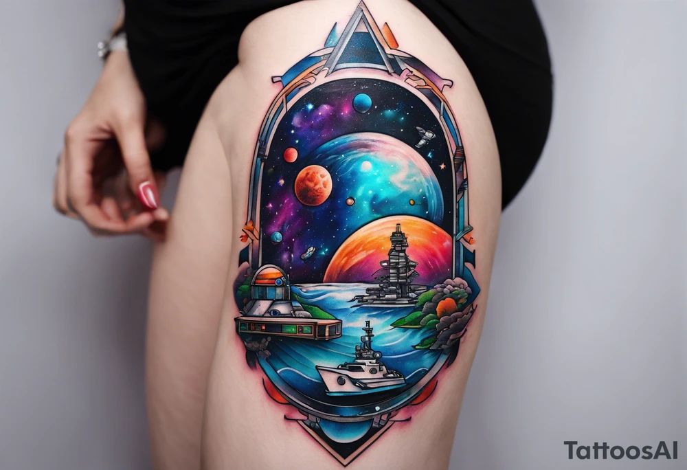 Tattoo featuring space station and water in galaxy colours featuring animals tattoo idea