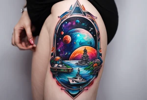 Tattoo featuring space station and water in galaxy colours featuring animals tattoo idea