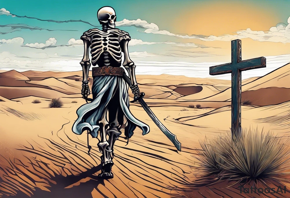 skeleton walking with a cross in a desert tattoo idea