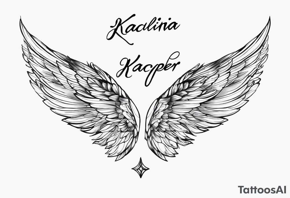 the words Karolina and Kacper, black and white, handwriting, in the background the words Kacper angel wings tattoo idea