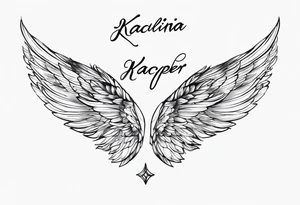 the words Karolina and Kacper, black and white, handwriting, in the background the words Kacper angel wings tattoo idea