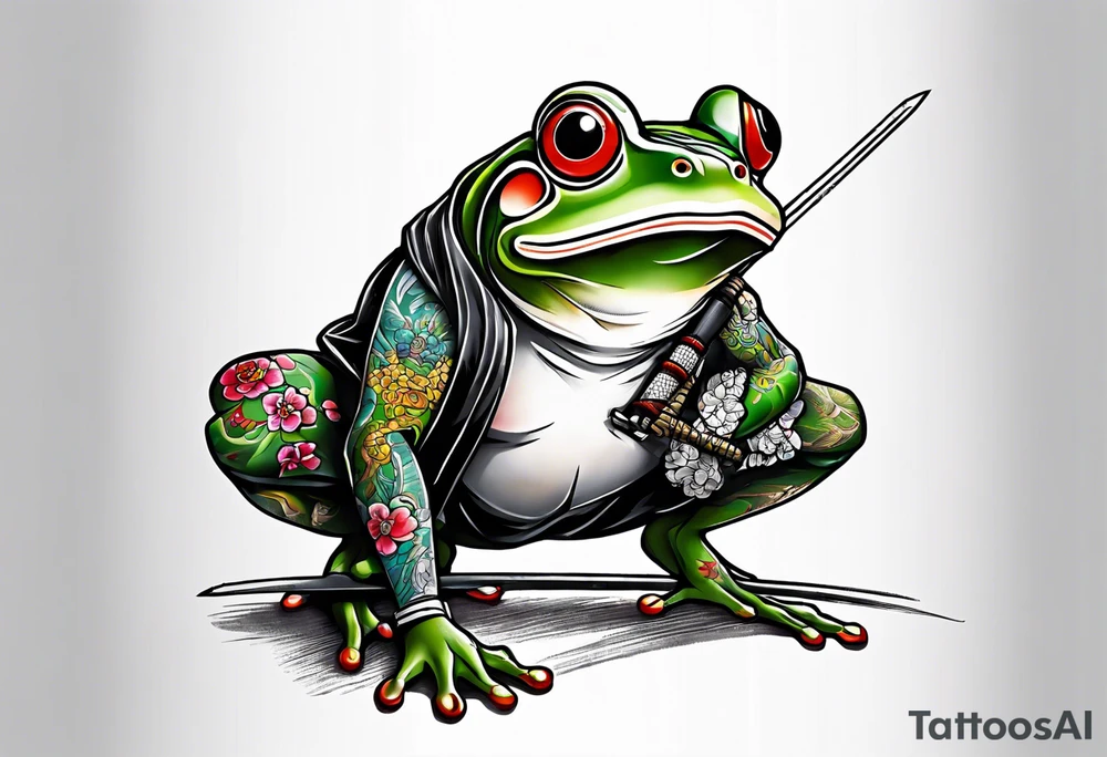 Samurai Frog with Japanese tattoos stand on one leg  with a tattoo needle instead of a sword tattoo idea