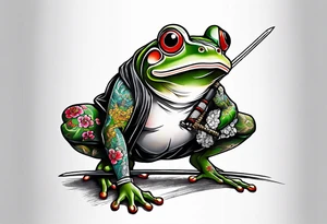Samurai Frog with Japanese tattoos stand on one leg  with a tattoo needle instead of a sword tattoo idea