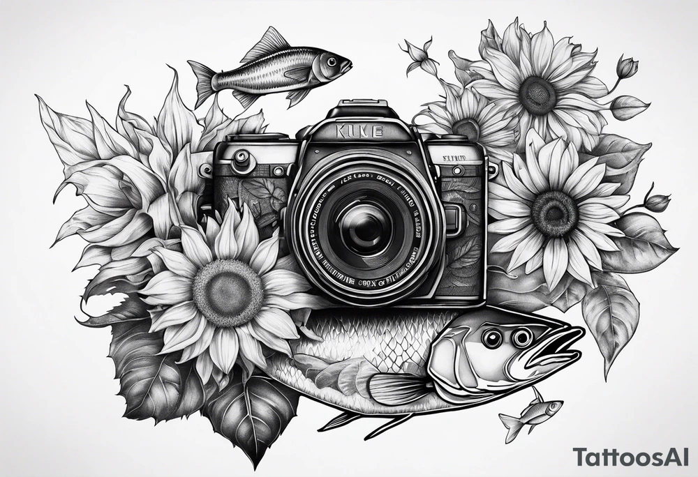 sunflower, camera, fish, flower rose tattoo idea