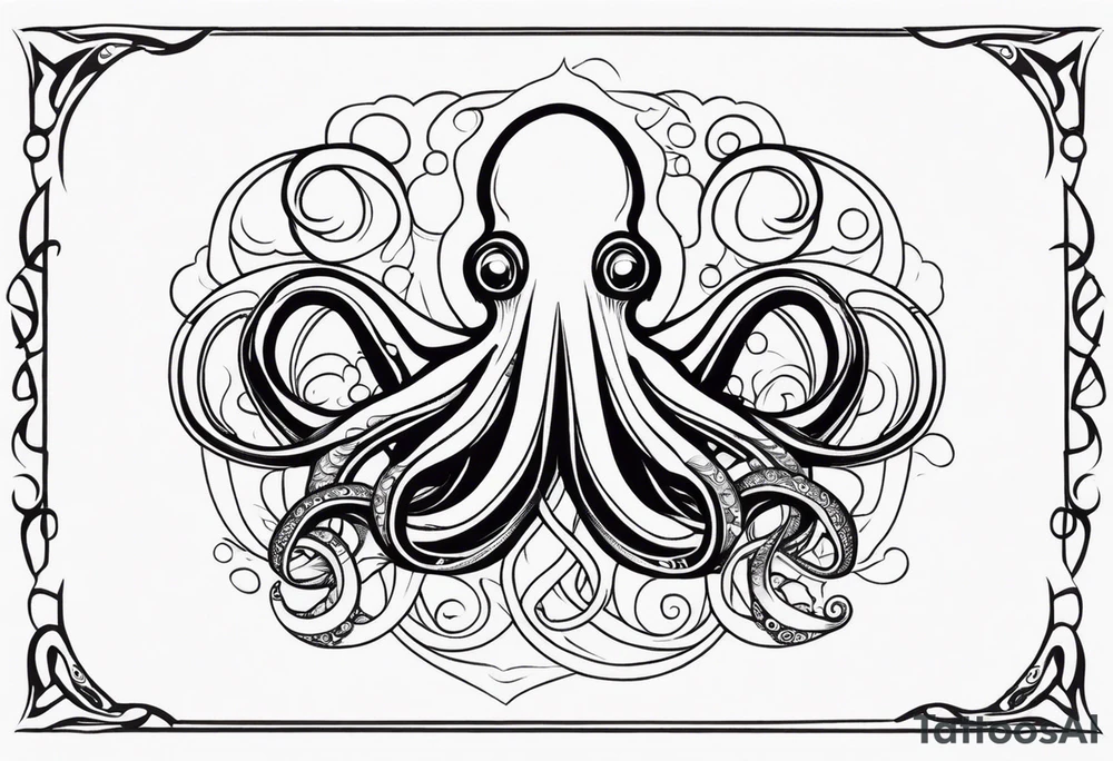 Tribal half sleeve. octopus surrounded by ribbons of water waves filled with fish. the octopus has small eyes. Use thick lines only with less detail. tattoo idea