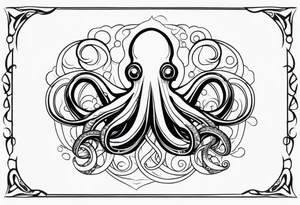 Tribal half sleeve. octopus surrounded by ribbons of water waves filled with fish. the octopus has small eyes. Use thick lines only with less detail. tattoo idea
