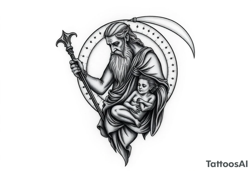 a tattoo design of the old wise God Saturn holding his scythe looking down using the spear to keep himself upright, in his other arms cradling a twin dying younger version of himself. The gemini constellation is in the background behind the Saturn Gods. Long vertical form as this will be on a thigh - include the planet Saturn rings going round the design tattoo idea