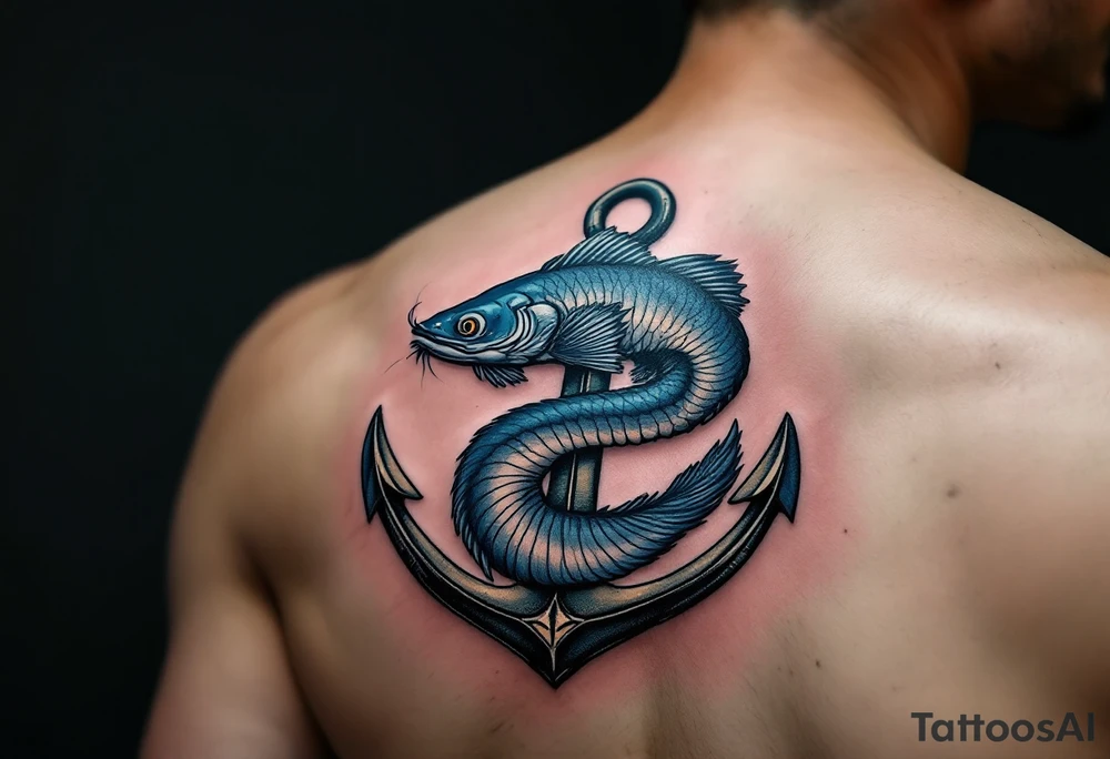 Catfish Wrapped Around Anchor – A dark blue-gray catfish coiled protectively around a weathered iron anchor, symbolizing strength, grounding, and loyalty. tattoo idea