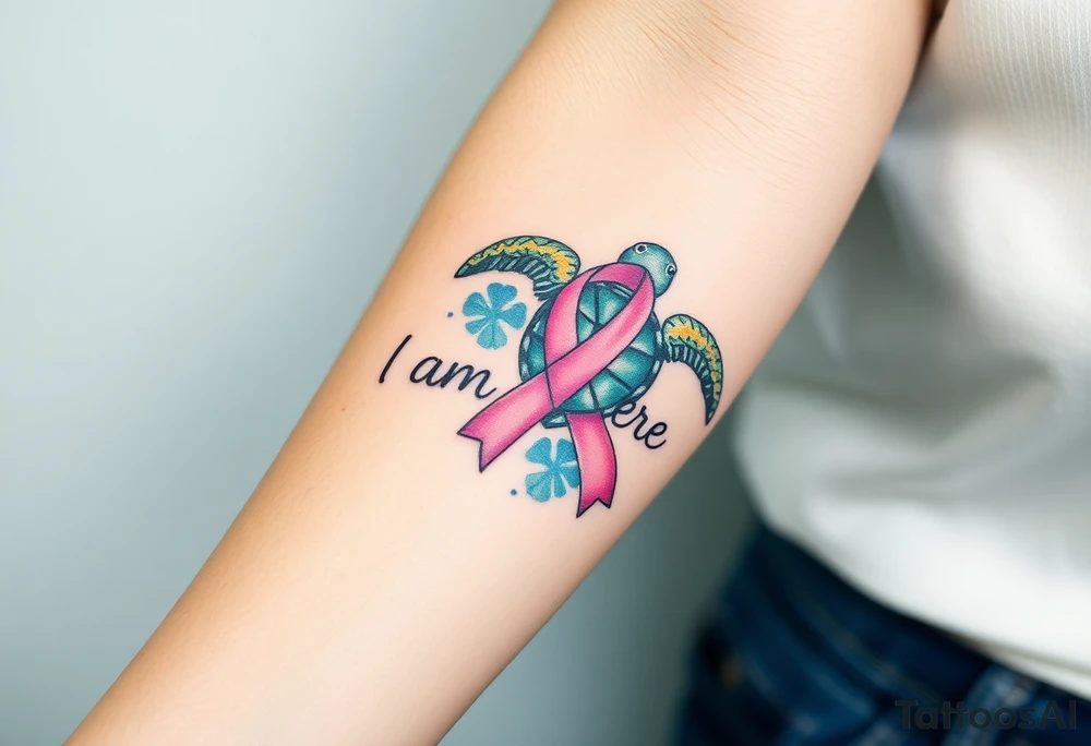 ‘I am here’ with breast cancer pink ribbon as I with Hawaiian theme sea turtle tattoo idea