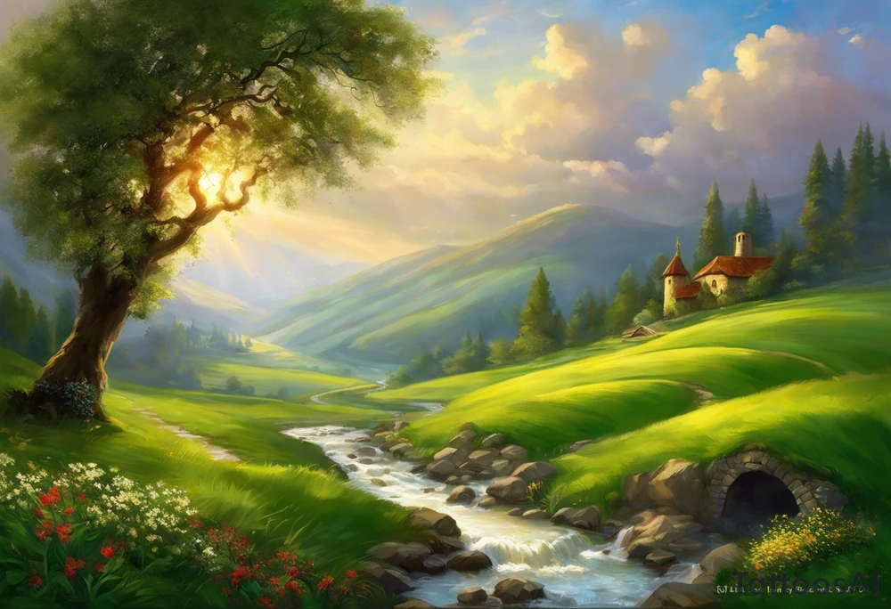 a scroll with the “ The Lord is my shepherd; I shall not want.

2 He maketh me to lie down in green pastures: he leadeth me beside the still waters.

3 He restoreth my soul: he leadeth me in the paths of righteousness for his name's sake.

4 Yea, though I walk through the valley of the shadow of death, I will fear no evil: for thou art with me; thy rod and thy staff they comfort me.

5 Thou preparest a table before me in the presence of mine enemies: thou anointest my head with oil; my cup runneth over.

6 Surely goodness and mercy shall follow me all the days of my life: and I will dwell in the house of the Lord for ever.” inside and a halo on tip tattoo idea