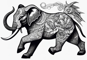 rabbit with gun fighting with dragon and evil elephant tattoo idea