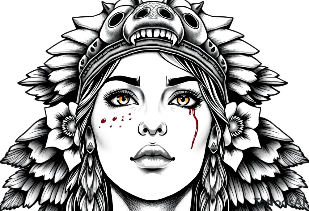 Young Symmetrical Beautiful Woman, looking forward, with colored eyes, shedding a tear, with battle scars and blood on face, with soft look, wearing a mean looking bear headdress on head, with dead flower background tattoo idea