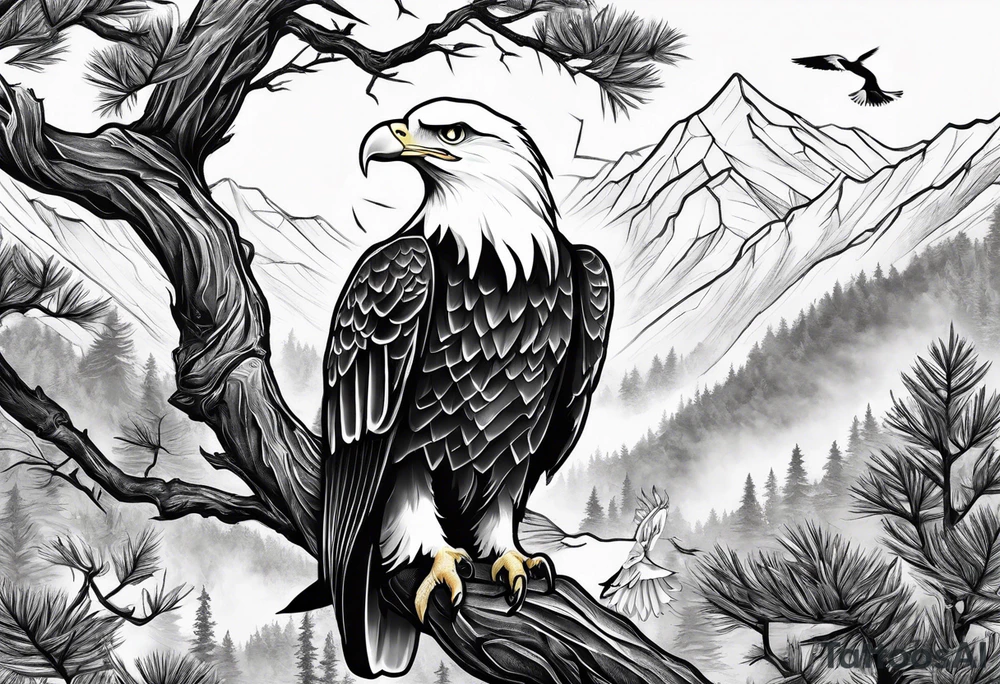 Eagle and a White Dove on a tree limb in the mountains reunite tattoo idea