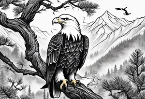 Eagle and a White Dove on a tree limb in the mountains reunite tattoo idea