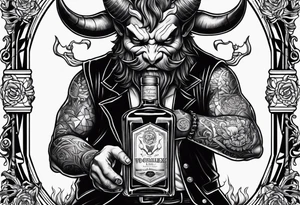 Devil holding whiskey bottle tattoo idea