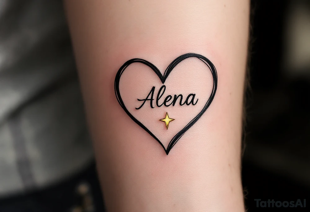 A fine-line heart in black, with the name "Alena" scripted inside in a rich gold font, paired with a small, soft yellow star to symbolize guidance. tattoo idea