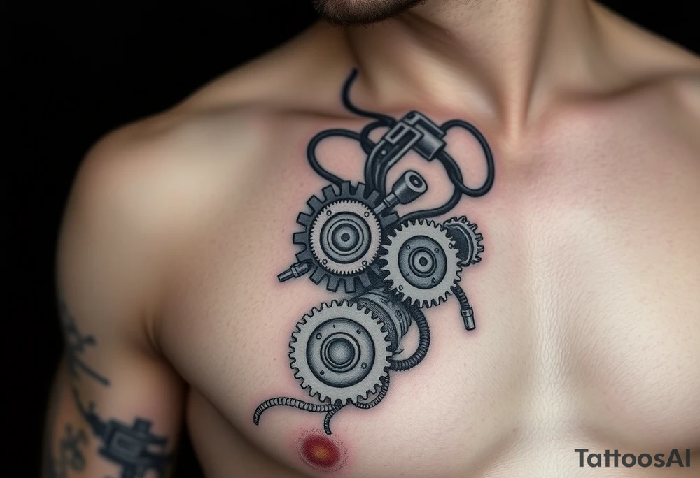 This biomechanical tattoo design creates the illusion of mechanical parts under the skin. It features gears, pistons, and wires, giving the arm a cybernetic look. Realistic shading enhances the fusion of flesh and machine tattoo idea