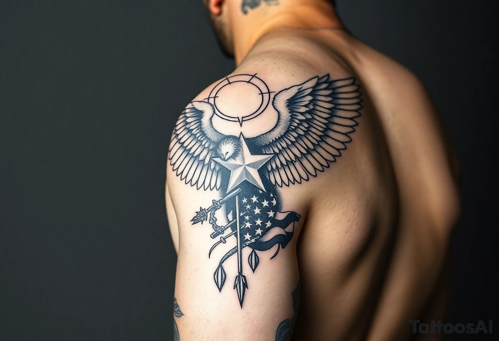 full arm sleeve tattoo of saint michael. Include usa flag and army stuff. tattoo idea
