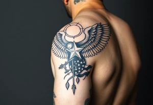 full arm sleeve tattoo of saint michael. Include usa flag and army stuff. tattoo idea