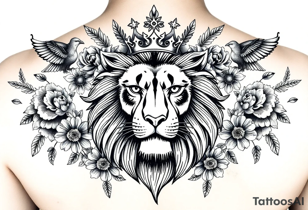 powerful majestic lion with a crown, surrounded by floral ornaments and birds tattoo idea