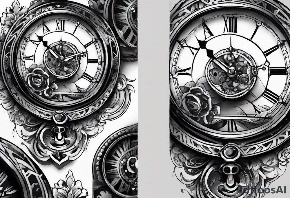 Une horloge mécanique avec sa chaîne enroulée autour d’un sablier en noir et gris sur l’avant-bras. À adopter ! tattoo idea