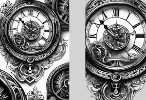 Une horloge mécanique avec sa chaîne enroulée autour d’un sablier en noir et gris sur l’avant-bras. À adopter ! tattoo idea