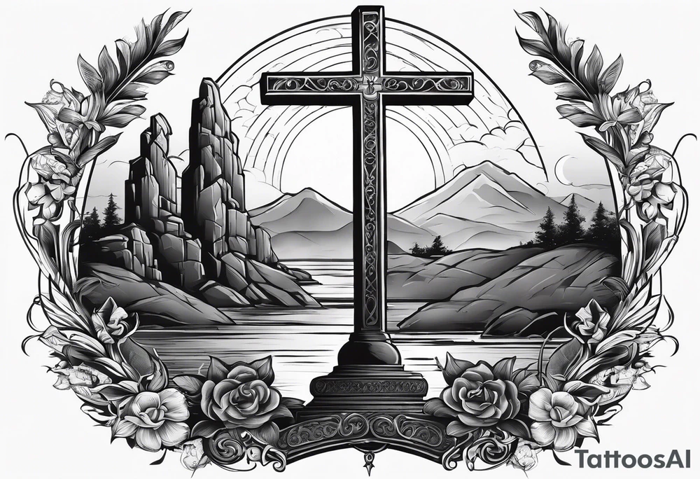 Tomb with cross and sun in the background tattoo idea