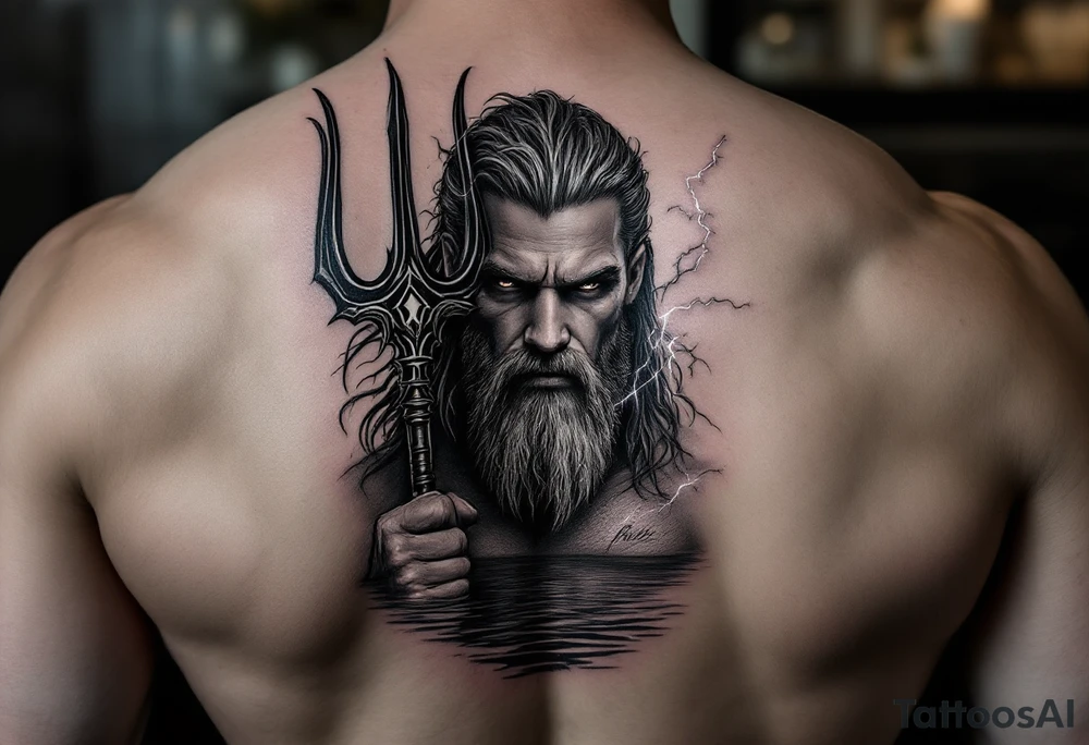 fit poseidon, behind a trident, with lightning, in calm water tattoo idea